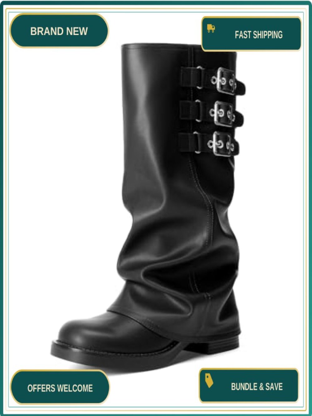 Faux Leather Motorcycle Knee High Fold Over Boots